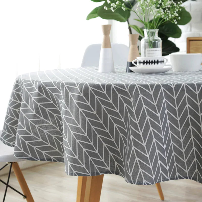 nappe ronde moderne triangles géométriques jaune bleu gris washable table manger mariage fête