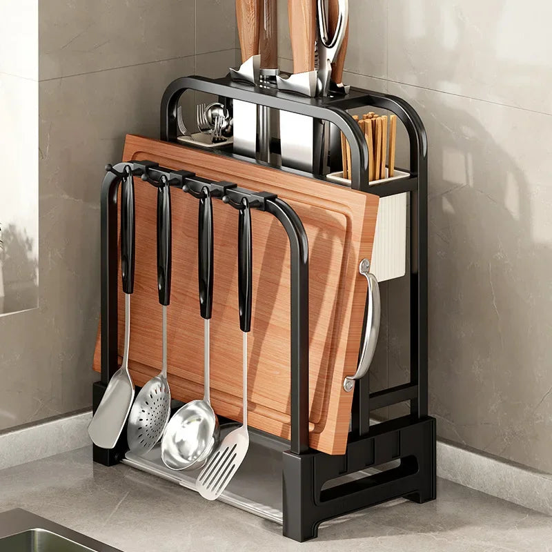 support cuisine rangement noir planche découper couteaux ustensiles modernes minimalistes