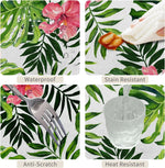 nappe rectangulaire blanche motifs feuilles tropicales fleurs roses décor table manger été exotique