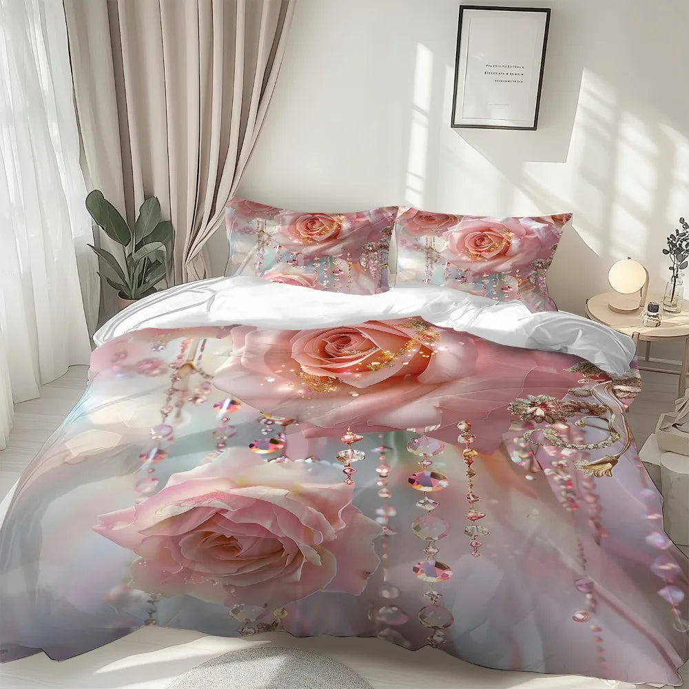 Chambre décorée avec parure de lit rose et accessoires assortis