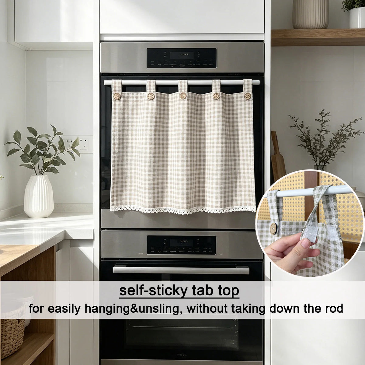 rideau tab top carreaux beige gris moderne rustique opulent dentelle