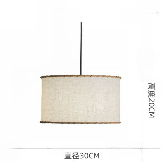 lampe suspendue tissu fin beige clair bordure rotin simple salon chambre hall