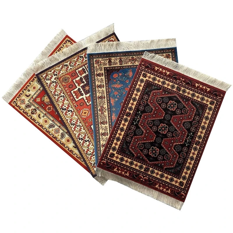 tapis souris tissu ornements traditionnels rouge noir beige bleu franges moderne ethnique