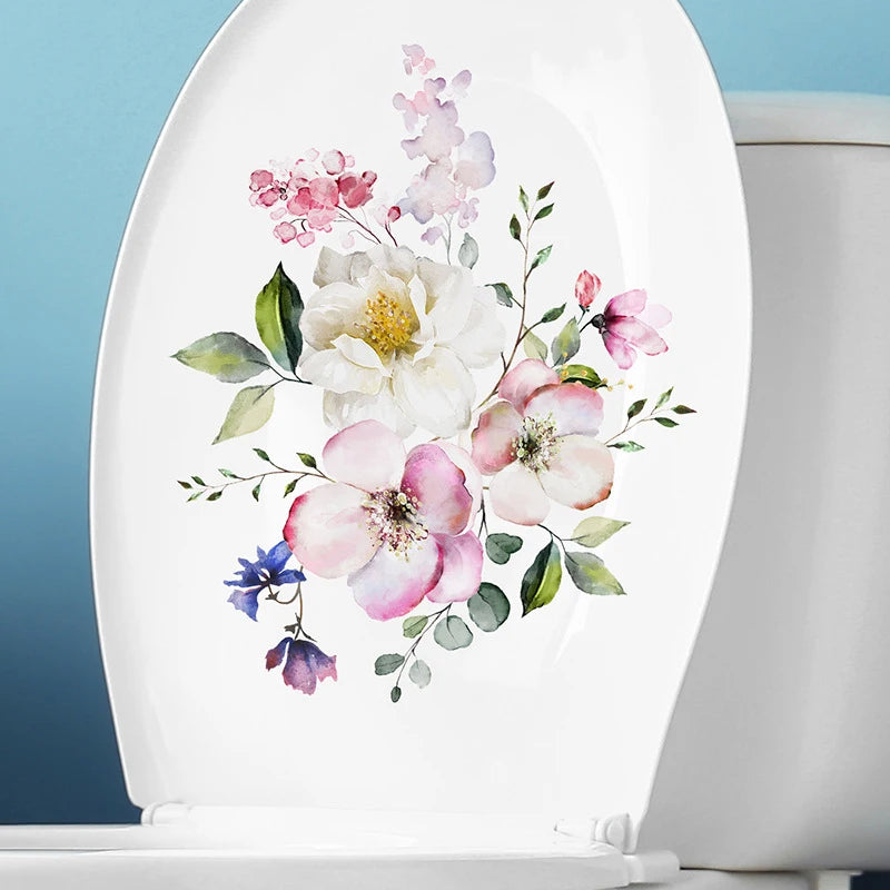 cache wc blanc fleurs roses blanches violettes feuilles vertes adhésif salle bain toilettes salon