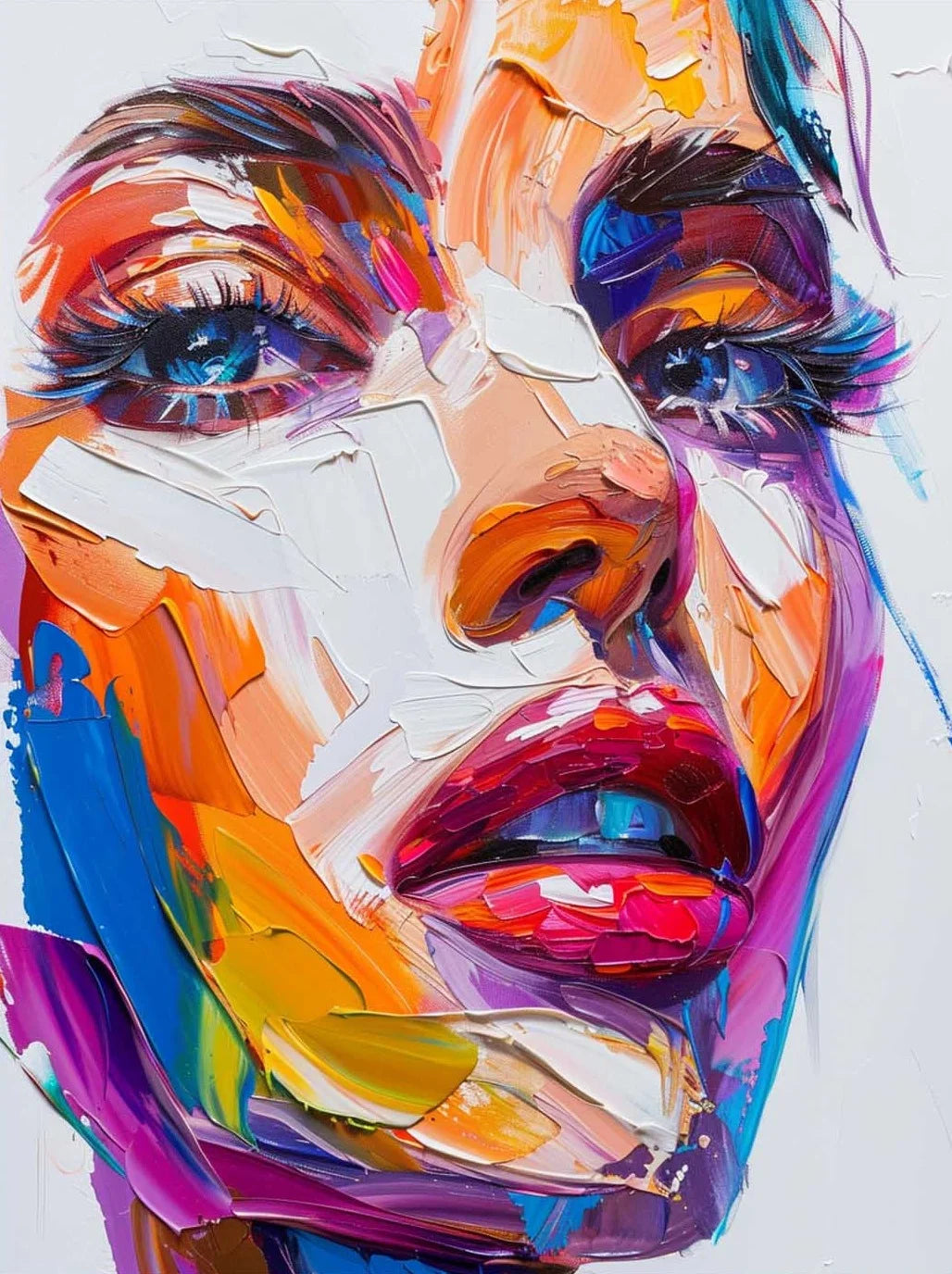 tableau abstrait multicolore contemporain expressionniste sans cadre portrait femme toile peinte décoration intérieure moderne