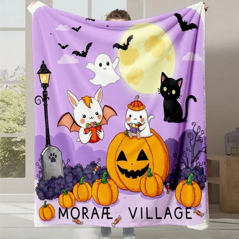 Une illustration colorée représentant des personnages mignons de Halloween, une citrouille, des chauves-souris et une pleine lune dans un village fantôme.