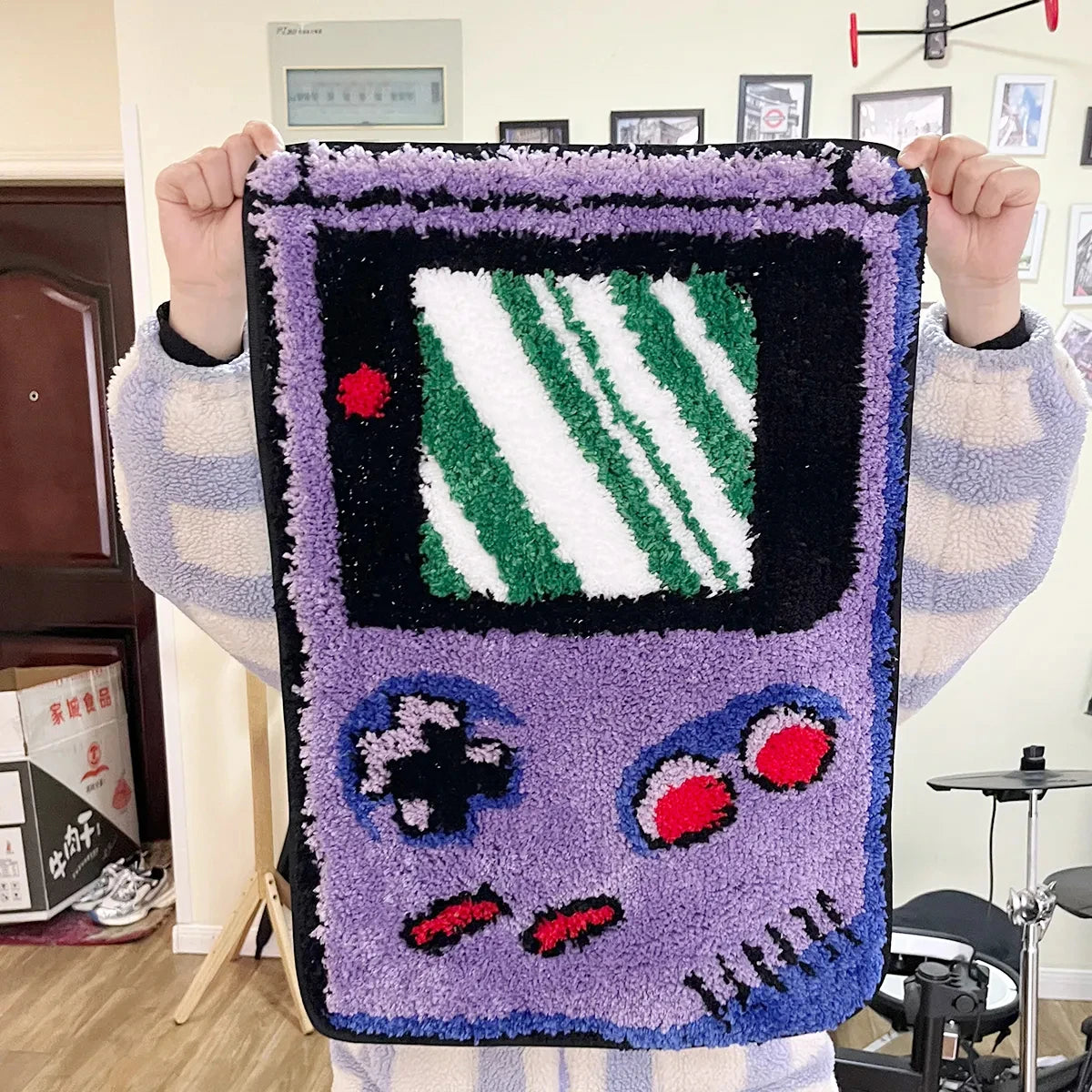 tapis géométrique rétro console jeux violet noir blanc vert rouge bleu imperméable antidérapantversibleextérieur