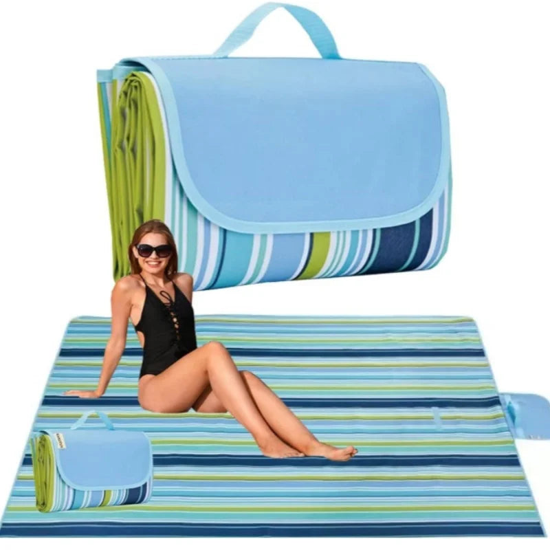 tapis pique nique imperméable anti sable rayures bleu moderne pratique sac transport plage camping