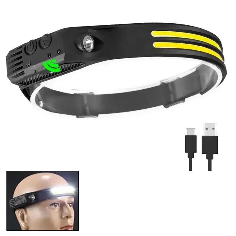 lampe frontale rechargeable noire jaune fluo rayures ajustable détecteur mouvement COB LED strobe camping