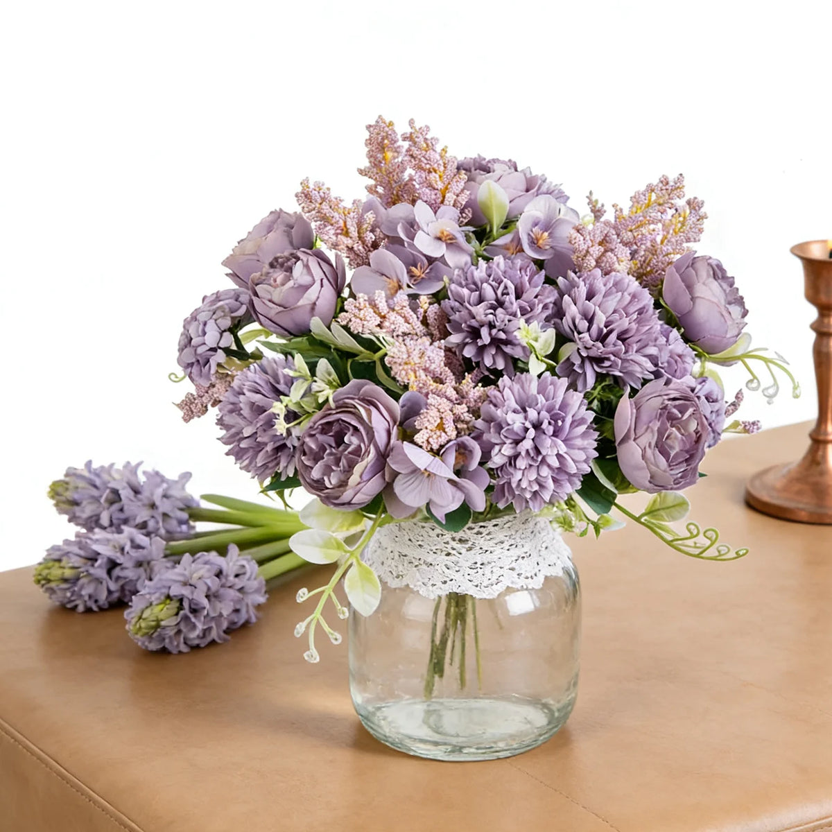 bouquet fleurs artificielles pivoines soie rose blanc violet bleu clair jaune feuillage vert décoration