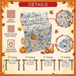 nappe automnale citrouilles feuilles mortes rustique motif peint main blanc orange bleu marron festive
