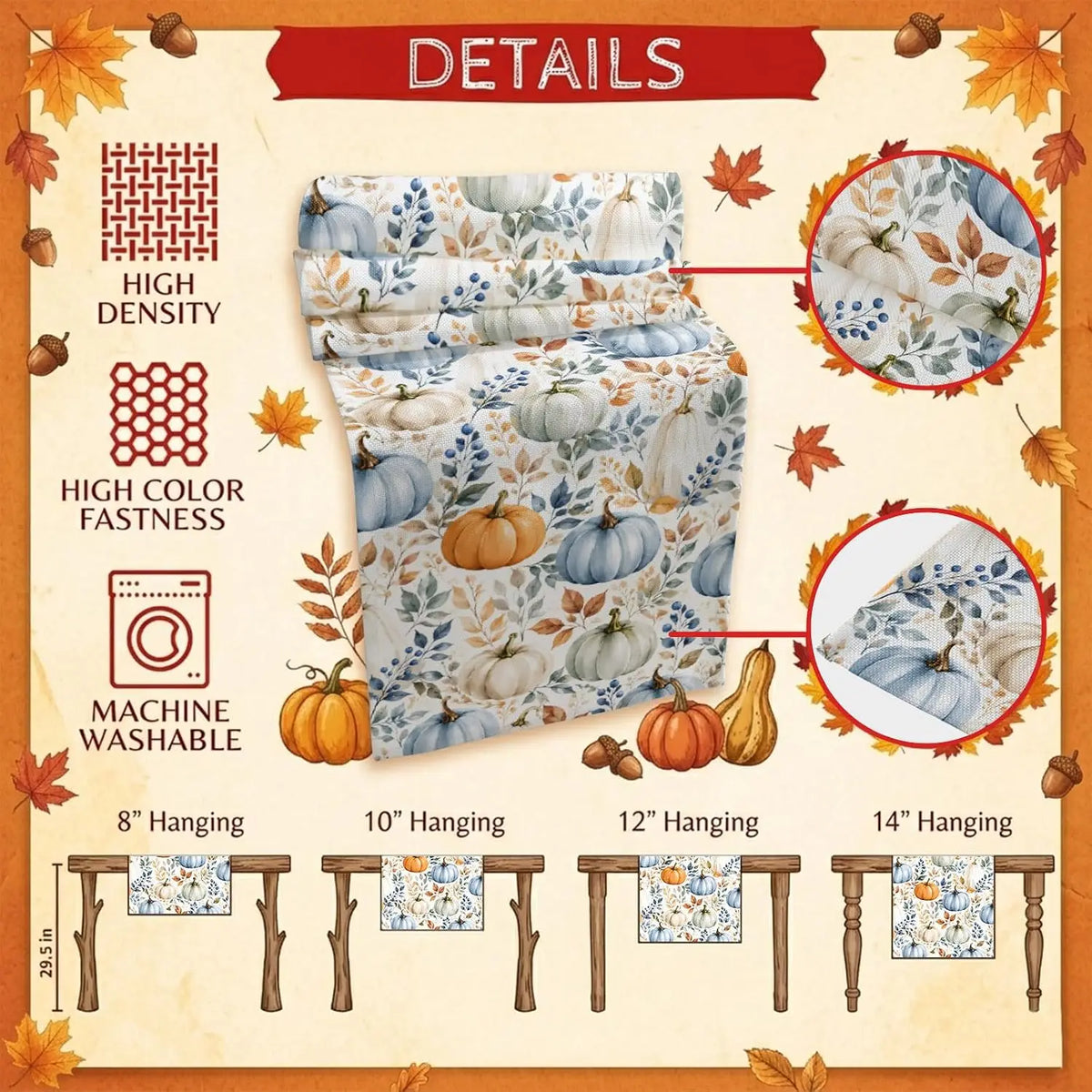 nappe automnale citrouilles feuilles mortes rustique motif peint main blanc orange bleu marron festive