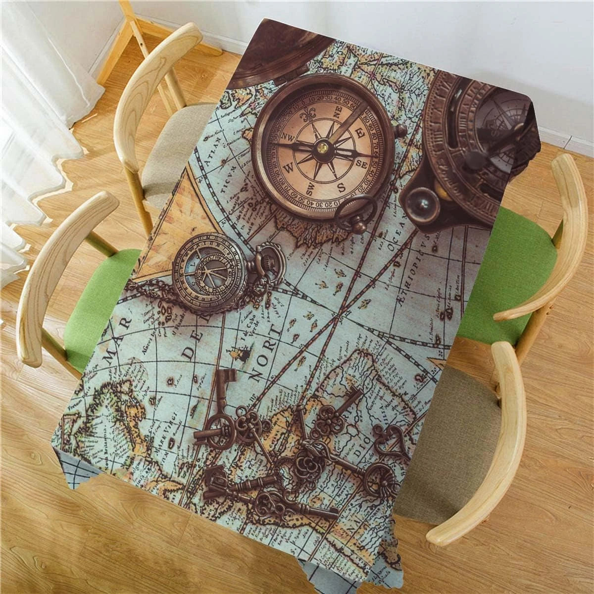 nappe table vintage carte ancienne compas motifs géométriques bleu clair marron adaptée tables