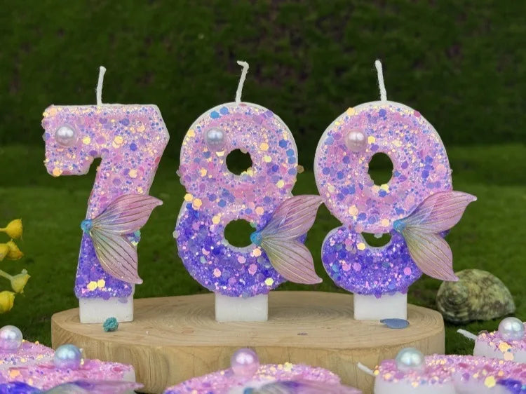 bougies numéraires paillettes sirène violet doré anniversaire décoration gâteau thème pois queue poisson festive