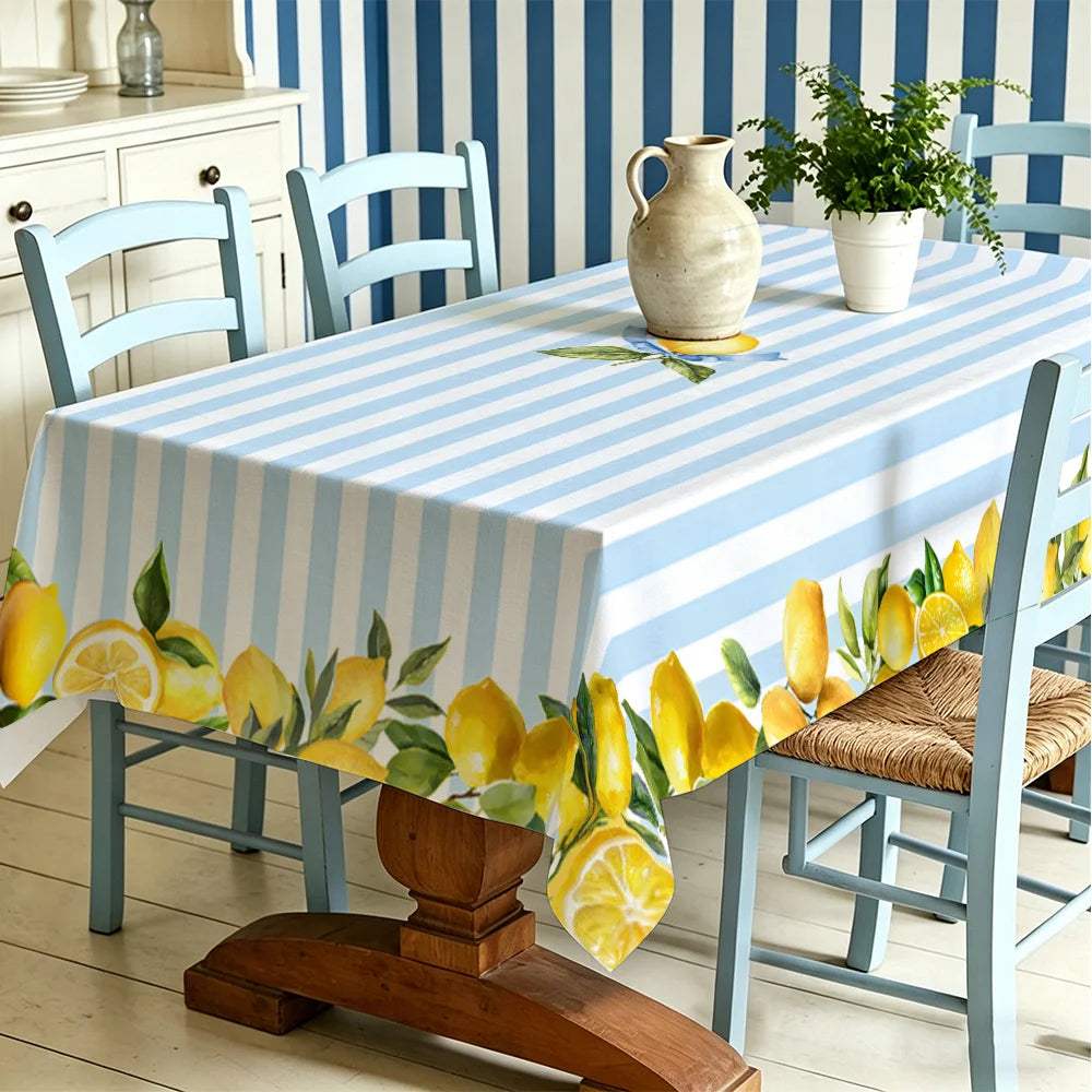 nappe rayée bleue blanche citrons moderne table dextérieur mariage restaurant