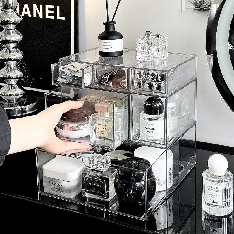 boîtes rangement acrylique transparentes empilables stationnerie cosmétiques maquillage moderne minimaliste respectueux environnement