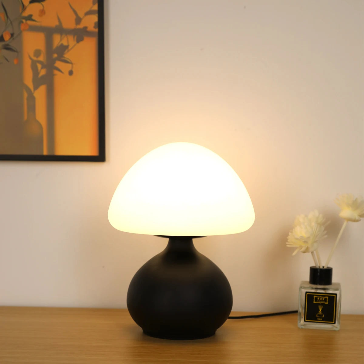 lampe table champignon blanc noir minimaliste interrupteur feutre antidérapant led usb nocturne chambre