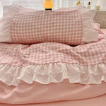 ensemble literie rose carreaux romantique 100 polyester pièces lit double queen king