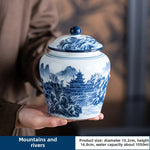 pot thé céramique blanc bleu paysage chinois couvercle fleurs montagnes arbre traditionnel