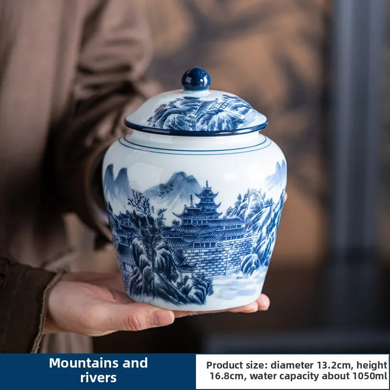 pot thé céramique blanc bleu paysage chinois couvercle fleurs montagnes arbre traditionnel