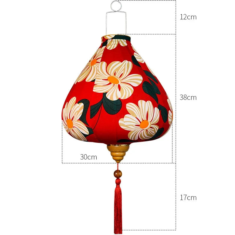 lanterne japonaise traditionnelle rouge fleurs décorative artisanale pompon bois suspendue