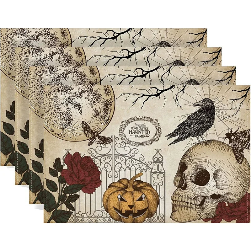 tapis table vintage noir papillons fleurs lune romantique assiettes fourchettes couteaux