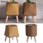 pot plante tressé rotin marron moderne rustique pieds bois artificielle