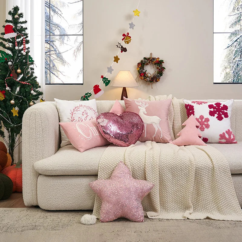 coussins nordiques brodés cerfs flocons joy noël opaques festifs diamètre 45cm decoration festive chambre
