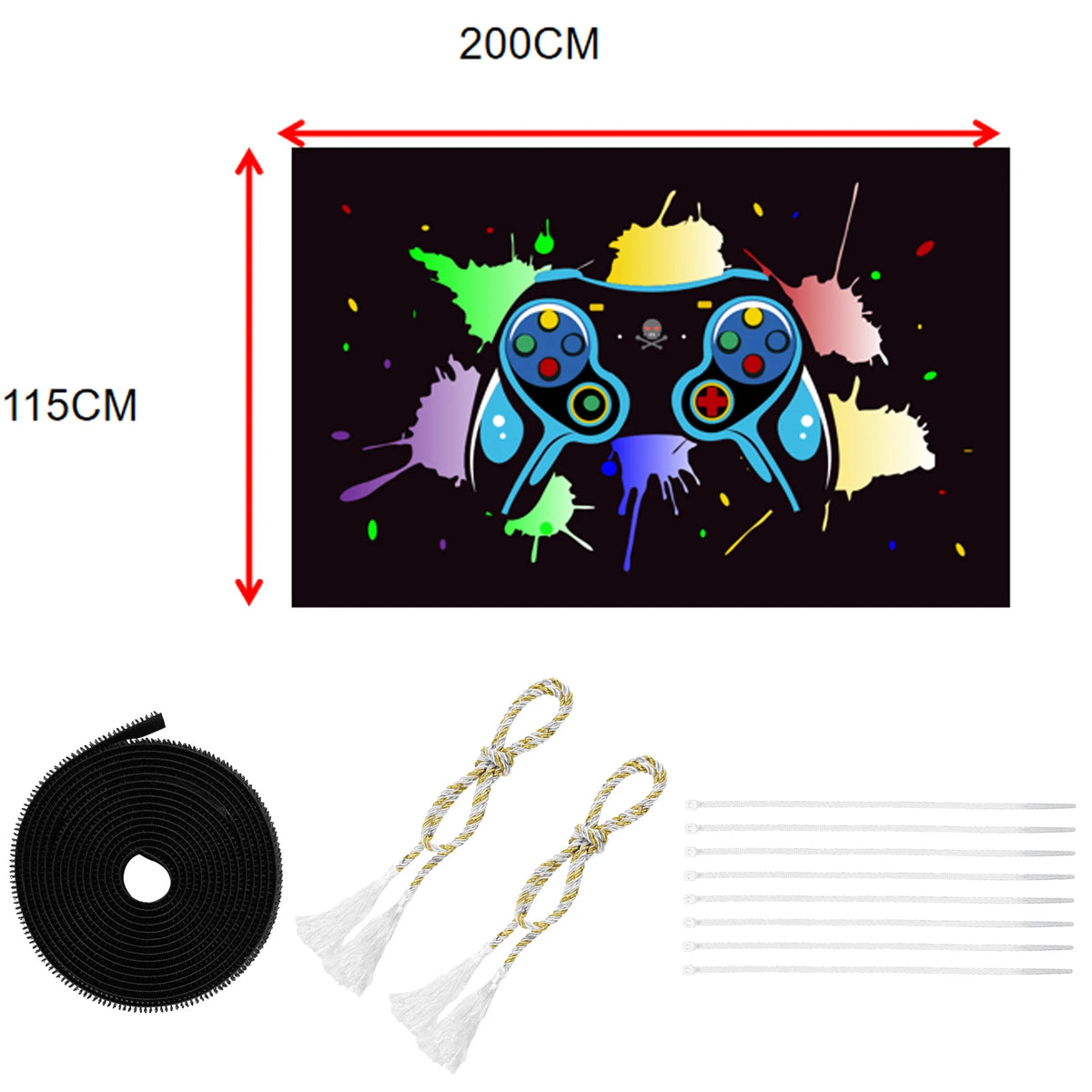 rideau moderne manette jeu noir bleu vert jaune rose violet pliés 200x115cm
