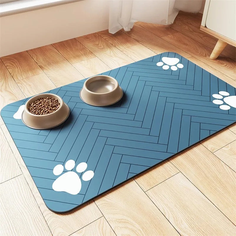 tapis animaux compagnie bleu gris moderne rayures diagonales bols rapide