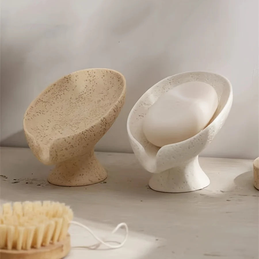 porte savon support feuille céramique texturée minimaliste salle bain ovale blanc beige