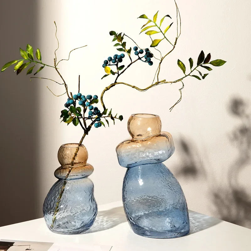 vase verre moderne opacité bleu marron texture granulée intérieur grande taille petite arrangement floral
