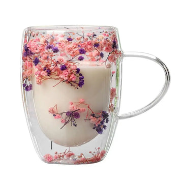 tasse verre double paroi fleurs séchées rose bleu moderne 350ml transparent