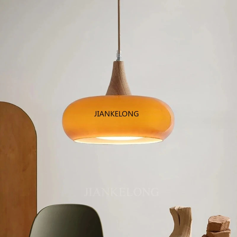 lampe suspendue moderne orange mat plaque bois câble ajustable abat jour verre