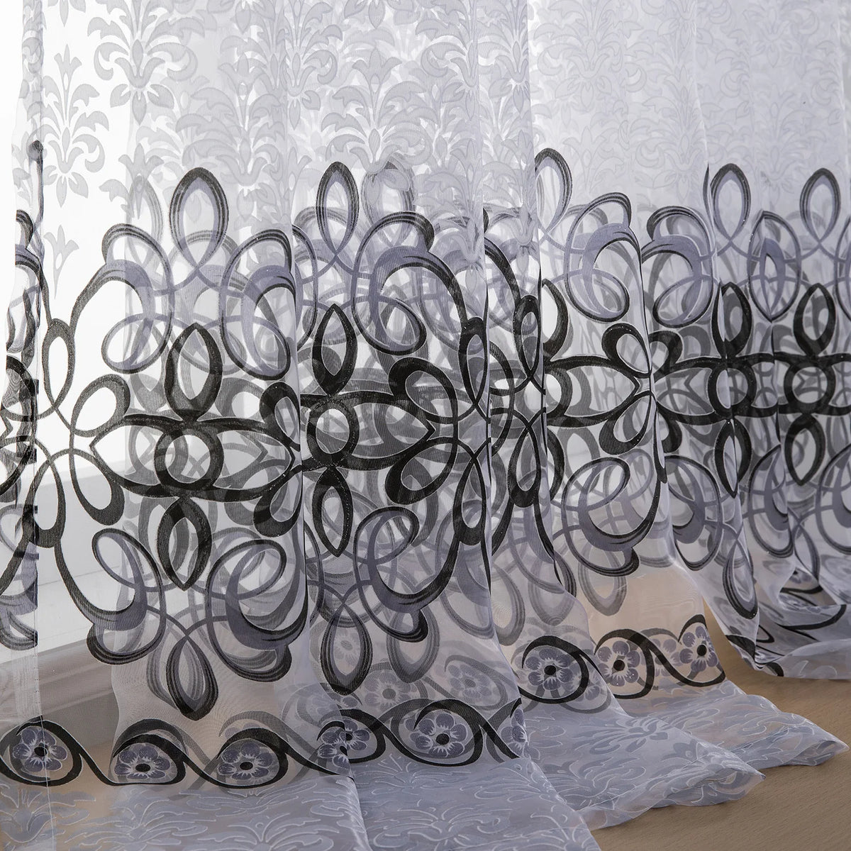 rideau blanc noir broderie florale transparent classique maison salon chambre decoration