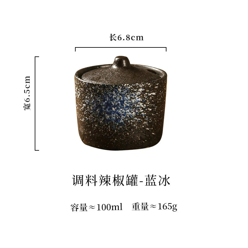 pot épices céramique respectueux environnement noir blanc bleu vert rayures géométriques rustique couvercle cuillère
