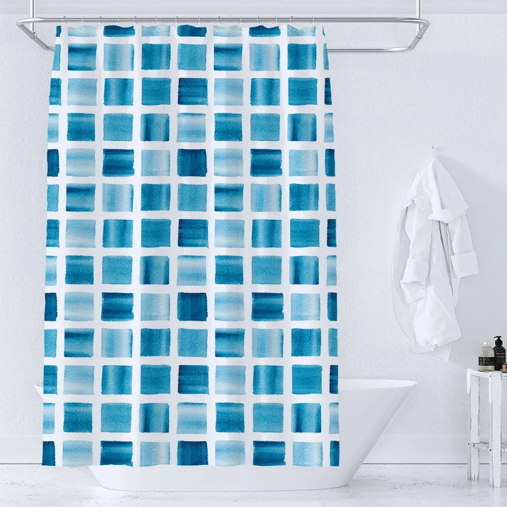 rideau douche moderne carreaux géométriques bleu gris feuilles tropicales opaques anneaux métalliques polyester