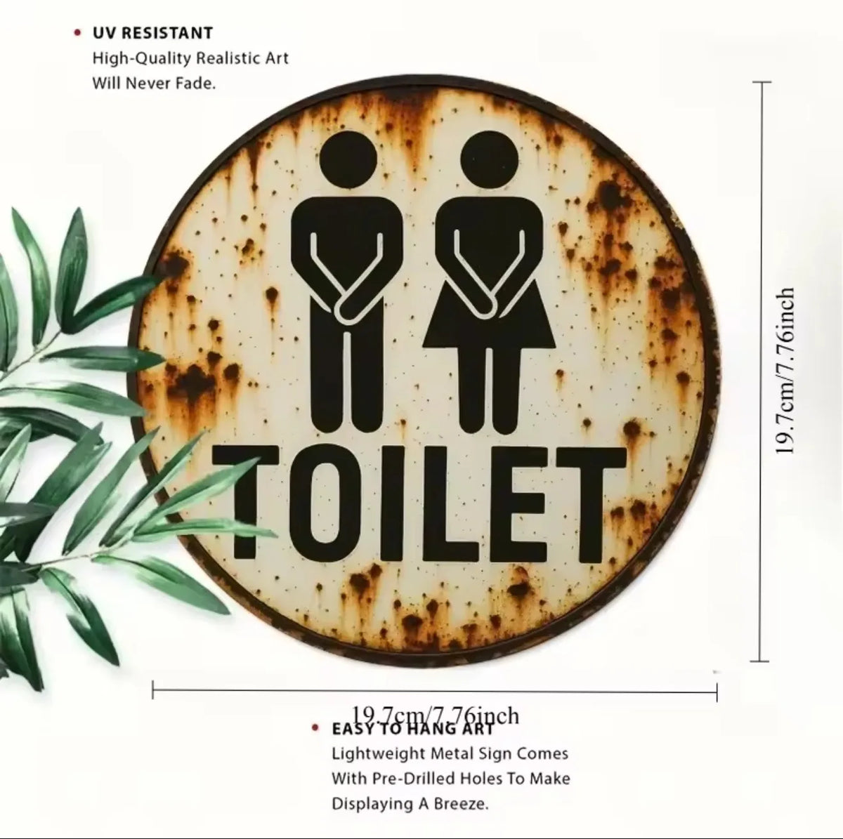 panneau toilettes symboles homme femme texte TOILET métal blanc noir effets rouillés classique minimaliste