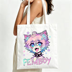sac main toile dessin animé chat étoiles coeurs blanc moderne poignées tissu