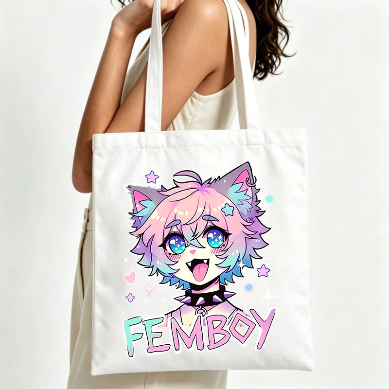 sac main toile dessin animé chat étoiles coeurs blanc moderne poignées tissu