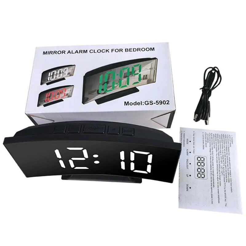 réveil numérique horloge miroir moderne minimaliste noir vert écran led température heure veille luminosité
