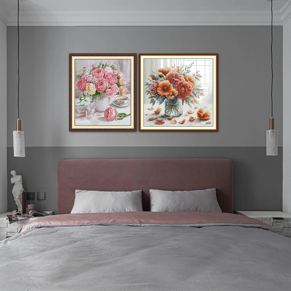 tableau brodé fleurs roses automnales instructions toile fil coton aiguilles