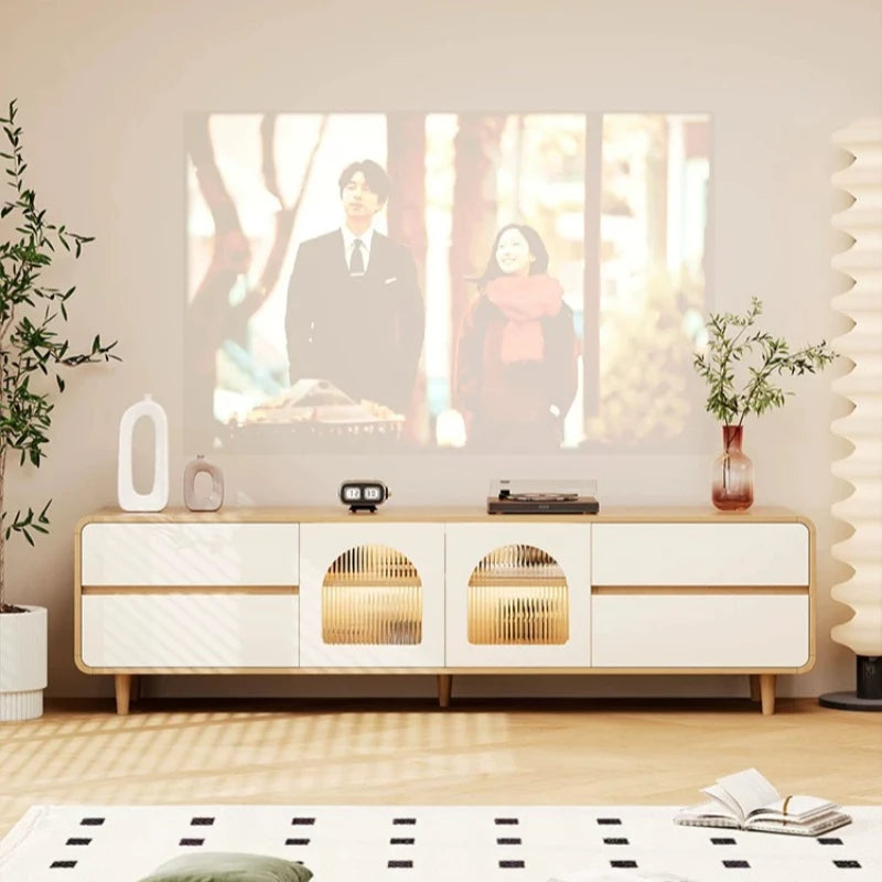 meuble tv blanc bois massif moderne support téléviseur salon décoration tapis plante