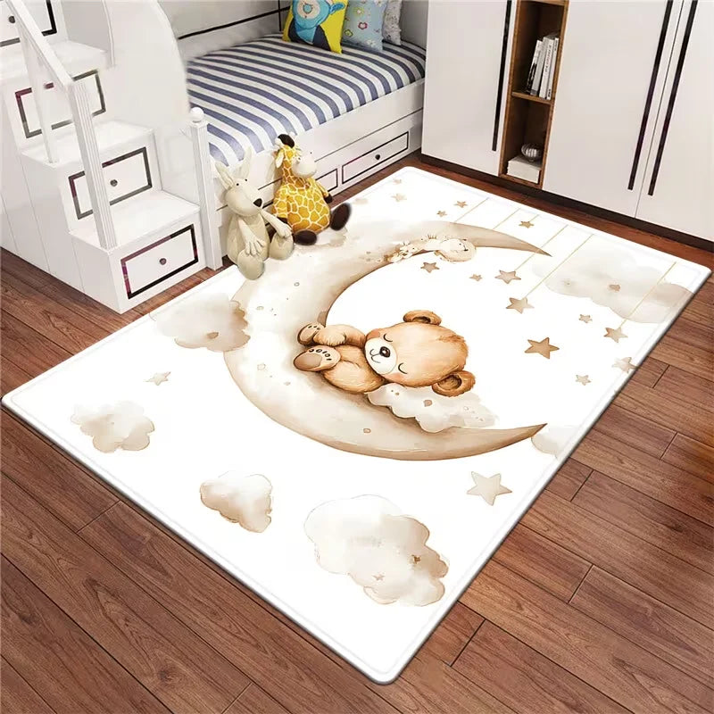 tapis ours dormir lune moderne dessin animé enfant blanc bleu beige
