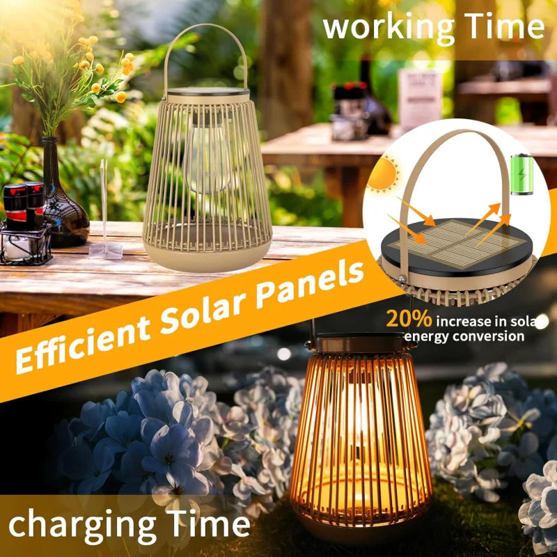 lampe suspendue solaire bambou tressé artisanale extérieure jardin impermeable antirouille anneaux métalliques