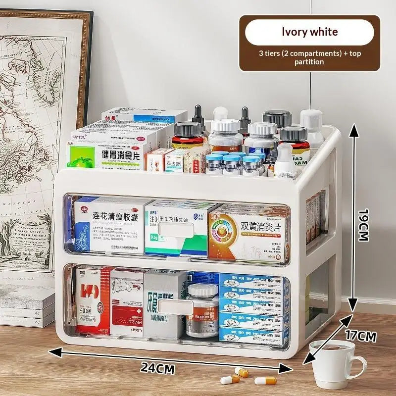 boîte rangement médicaments transparente moderne blanc compartiments bouteilles différentes tailles organisation pharmacie portative