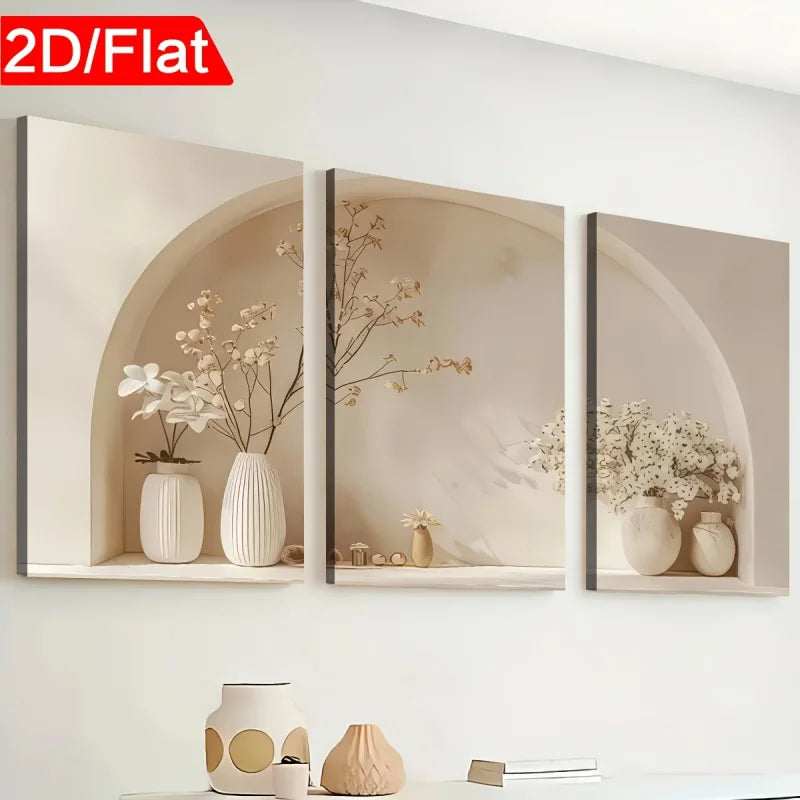 tableaux mural nature morte fleurs blanches vase blanc arche beige moderne encadrés miroir clips