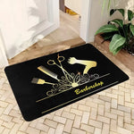 tapis sol moderne noir doré motifs coiffeur barbershop ciseaux peigne rasoir bienvenue salon graphique