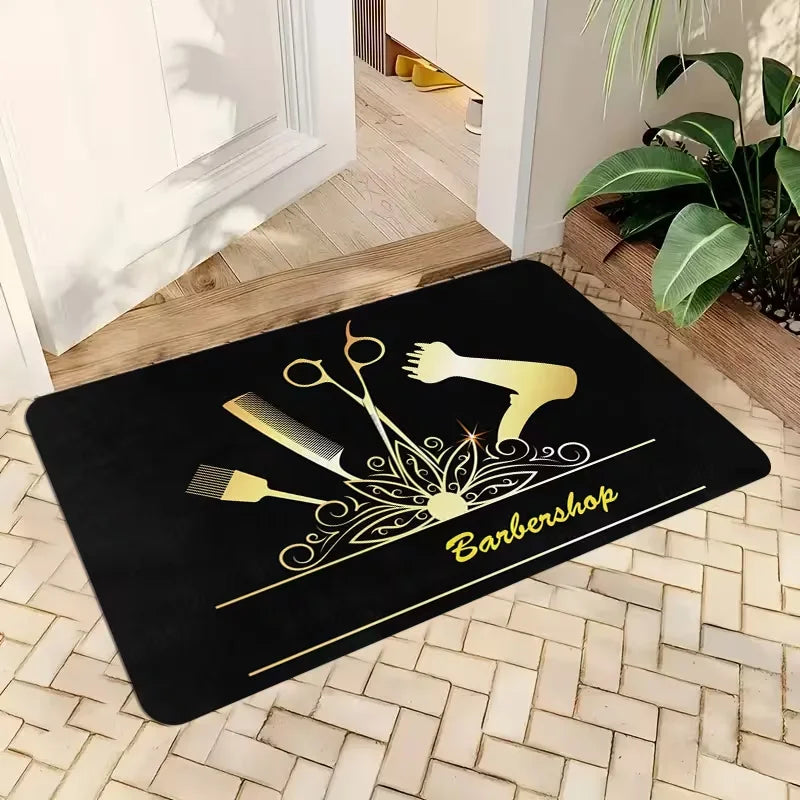 tapis sol moderne noir doré motifs coiffeur barbershop ciseaux peigne rasoir bienvenue salon graphique