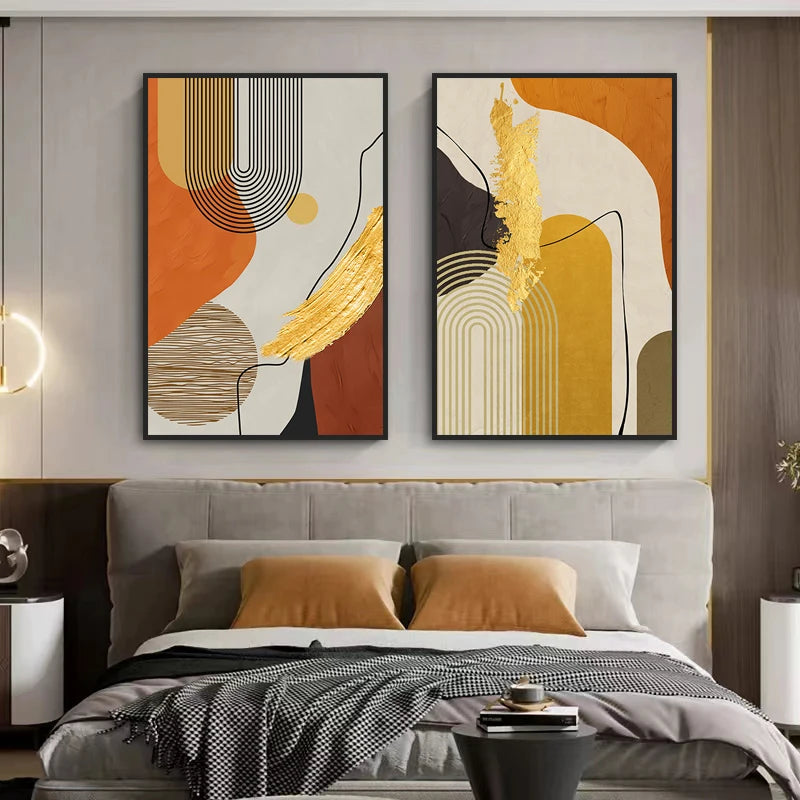 peinture abstraite contemporaine toile géométrique lignes ondulées coups pinceau dorés orange beige noir gris